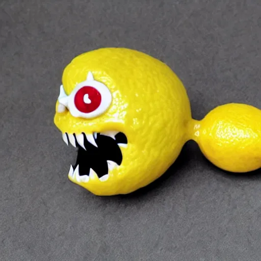 Image similar to Lemon Demon, a yellow lemon with black eyes, sharp teeth and red demon horns