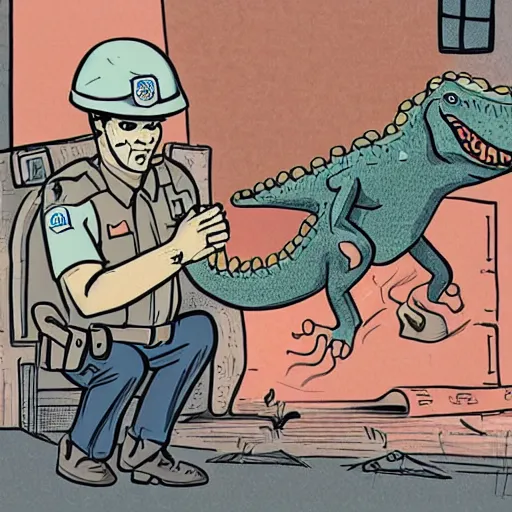 Prompt: super detailed illustration of a police officer and a dinosaur kissing in a war zone