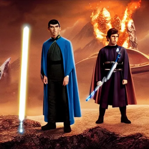 Image similar to a still shot of a movie, spock from star trek, spock holding a starwars lightsaber, spock in the hobbit shire, spock wearing hogwarts robes, spock is wearing a wizard's hat, 4k