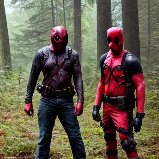 Image similar to jason voorhees and deadpool in the woods 4 k detailed super realistic