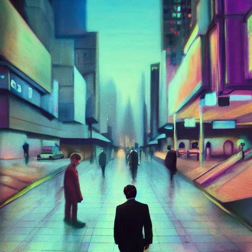 Image similar to a surreal pastel painting with a tilt - shift effect of a man walking through a science fiction - based city, dramatic lighting, depth of field, dreamy