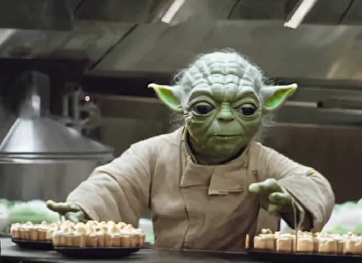 Image similar to film still of yoda working as a pastry chef in the new Star Wars movie, 4k