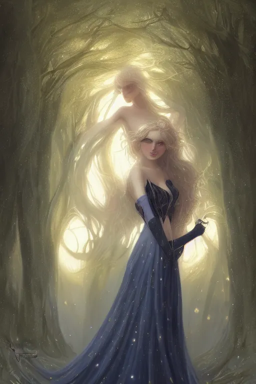 Image similar to Nocturne, glowing, stars, beautiful sly dryad, long blonde hair, highly detailed, mysterious, ethereal, autumn colored medieval gown, haute couture, illustration, dramatic lighting, soft details, painting, by Edmund Blair Leighton, Brom, Charlie Bowater, trending on artstation, faces by otto schmidt