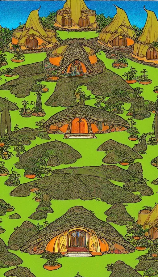 Image similar to hobbit monastery on hawaii, solarpunk, permaculture, by ivan bilibin,