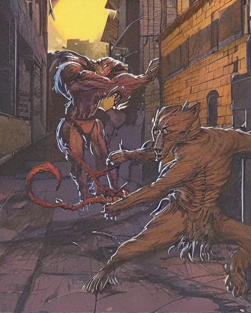 Image similar to a single werewolf fighting a single vampire in a dark brisbane alley, hd concept art by ron spencer and jean giraud and ralph macquarrie.