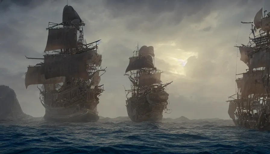 Image similar to A highly detailed matte painting of a huge pirate ship in the ocean , volumetric lighting, octane render, 4K resolution, trending on artstation