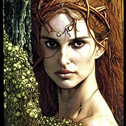 Image similar to a realistic, very beautiful and atmospheric portrait of a young natalie portman as a druidic warrior wizard looking at the camera with an intelligent but seductive gaze by rebecca guay, michael kaluta, charles vess and jean moebius giraud