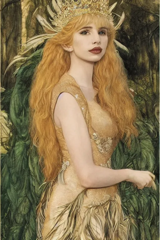 Image similar to blonde emma roberts as a queen of feathers, goddess of the wild, silk dress by rosetti and alan lee