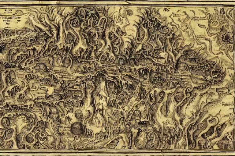 Image similar to intricate detailed ancient map of the regions of hell and the dimensions of the damned, inferno flames demons daemons purgatory limbo, technical cartography with annotations and notes in the margins