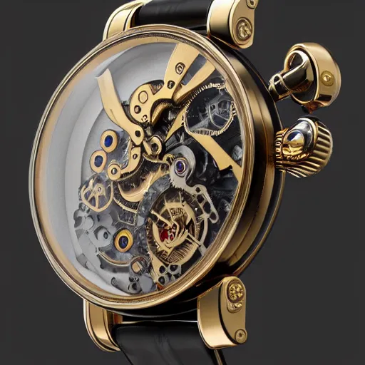 Image similar to a steampunk watch in polished gold and silver showing the detailed workings by Jaquet Droz, macro photography, F/2.8, trending on artstation, octane render