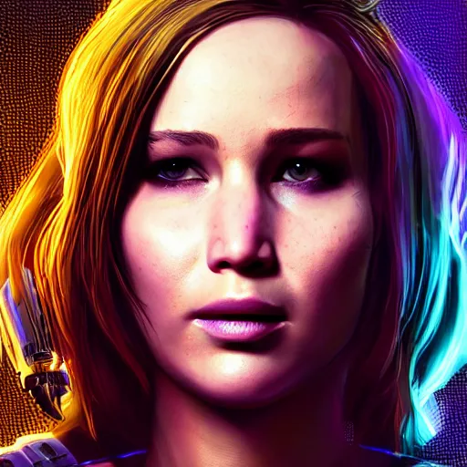 Prompt: jennifer lawrence portrait, cyberpunk 2 0 7 7, cyberpunk judy alvarez, photorealistic, ultra detailed, neon, octane, bokeh, cinematic lighting, cyber, cyberpunk city, studio quality, feature, scars, cyberface, 8 k