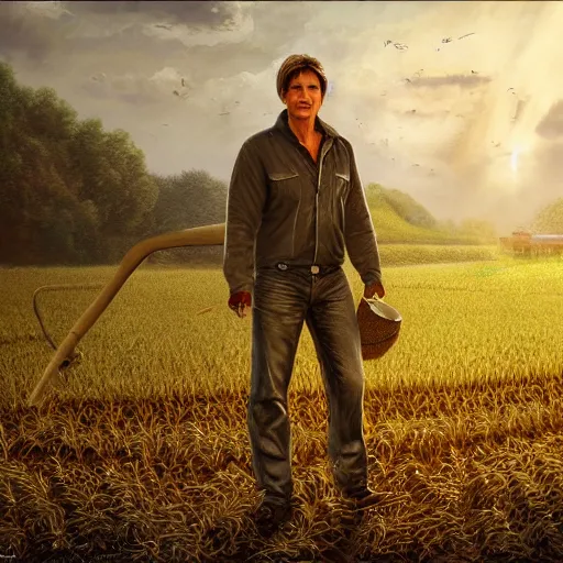 Image similar to Tom Cruise as a corn farmer, high resolution fantasy concept art, intricate details, soft lighting