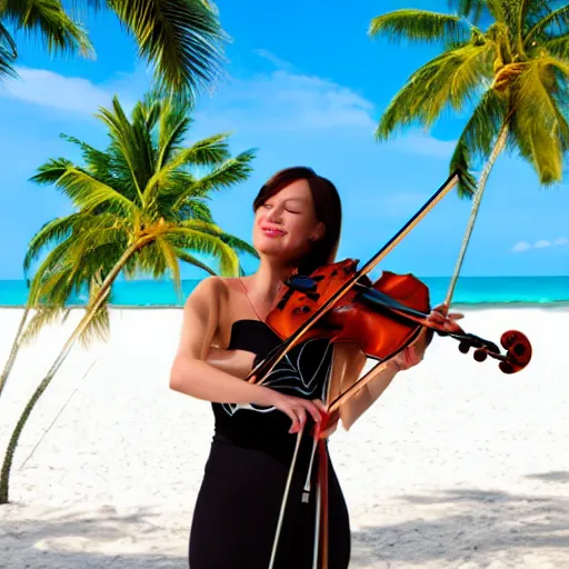 Image similar to violinist on the beach with palm trees blue sky tropical island on horizon