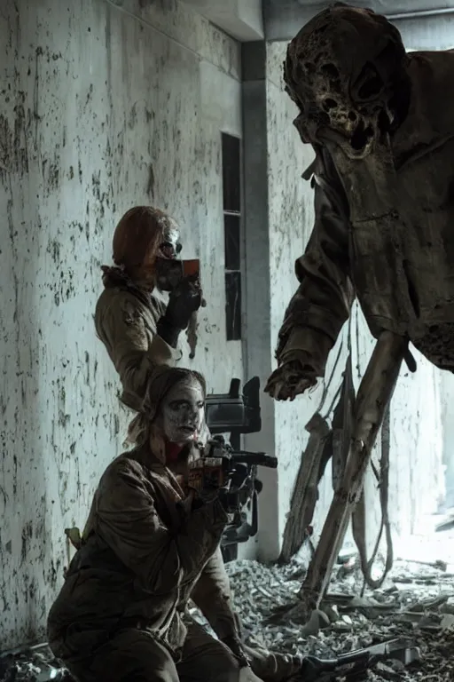 Prompt: dystopian hazmat woman holding zombie at gunpoint in dilapidated building. by Roger Deakins