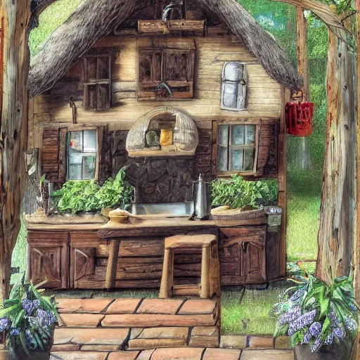 Image similar to a cottage witch's kitchen