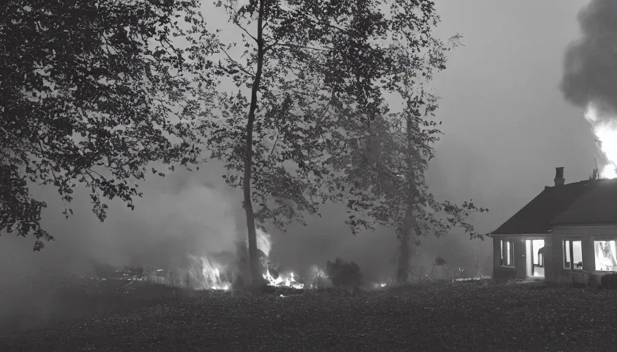 Prompt: 1 9 7 0 s movie still of a heavy burning french style little house by night in autumn, in a small northern french village, sony mini dv camera, heavy grain, high quality, high detail, dramatic light, anamorphic, flares