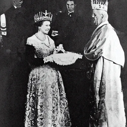 Prompt: queen Elizabeth II wearing a Masonic apron