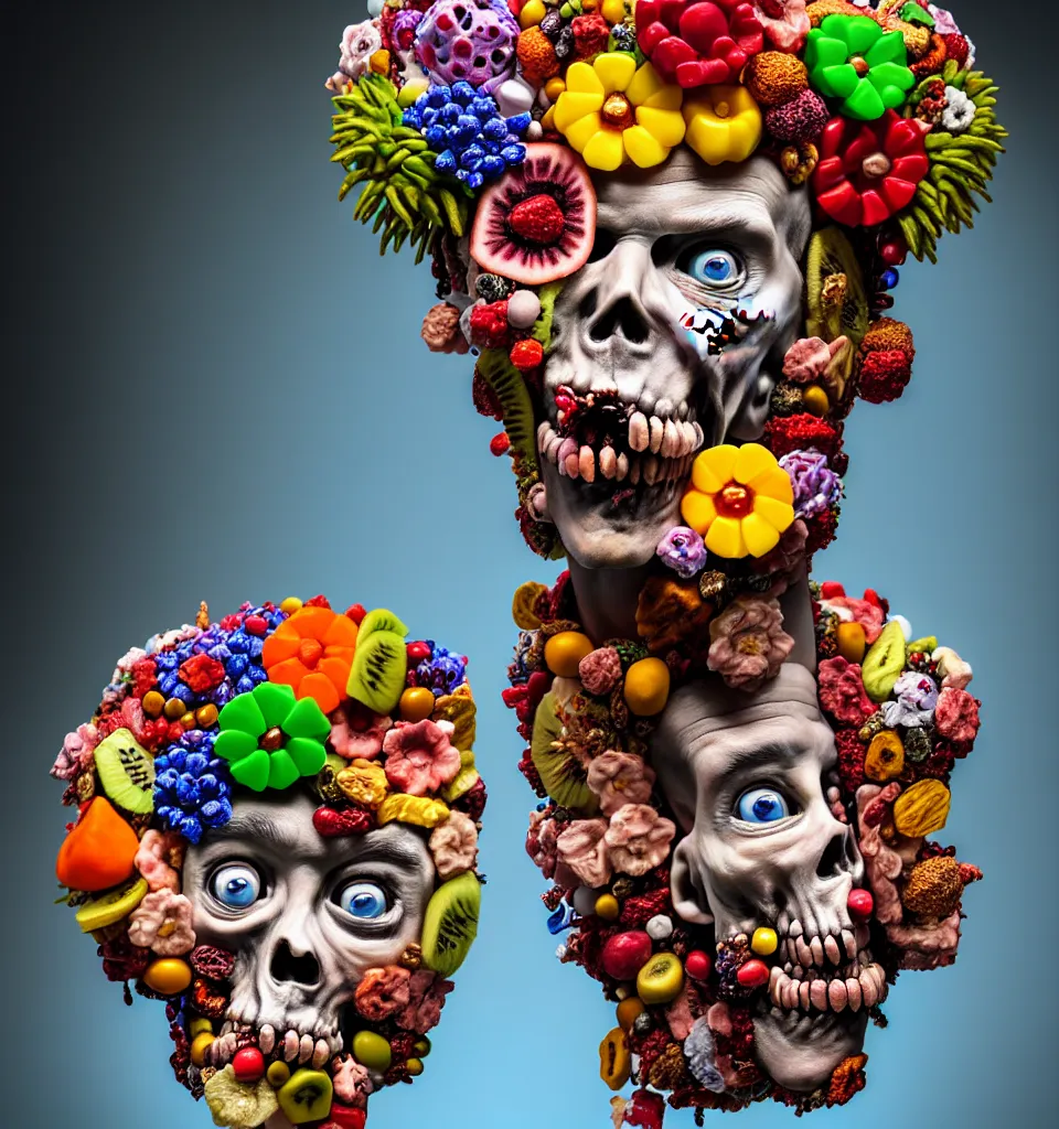 Image similar to portrait headshot of a zombie punk, head made of fruit gems and flowers in the style of arcimboldo, john currin, photorealistic, dynamic lighting, action figure, clay sculpture, claymation, dull blue cloudy background,