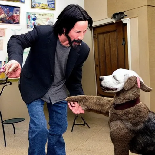 Image similar to claymation keanu reeves petting a happy dog