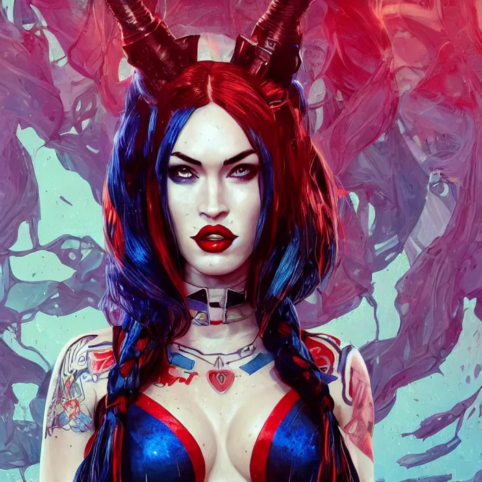 Image similar to portrait of megan fox as a harley quinn. intricate abstract. intricate artwork. by Tooth Wu, wlop, beeple, dan mumford. octane render, trending on artstation, greg rutkowski very coherent symmetrical artwork. cinematic, hyper realism, high detail, octane render, 8k, iridescent accents