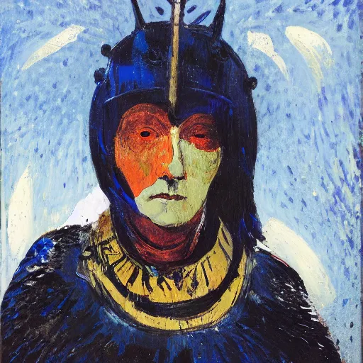 Prompt: head and shoulders portrait of a female knight, inuk, tonalism, backlighting, spatter, palette knife, prussian blue and raw sienna, angular, squinting, crows, barque