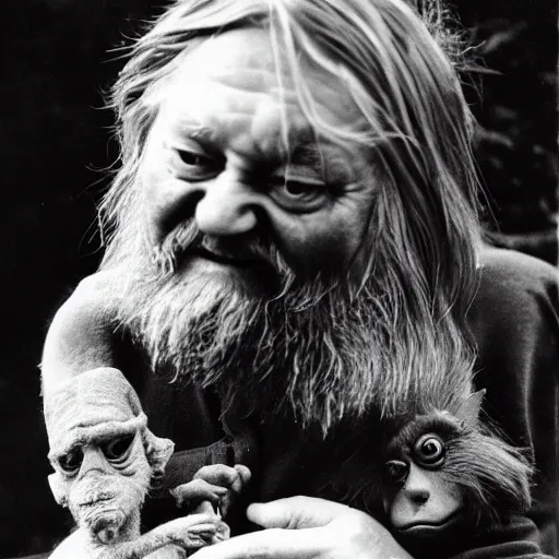 Prompt: robert wyatt cradling a hairy goblin like a baby, heartwarming photograph