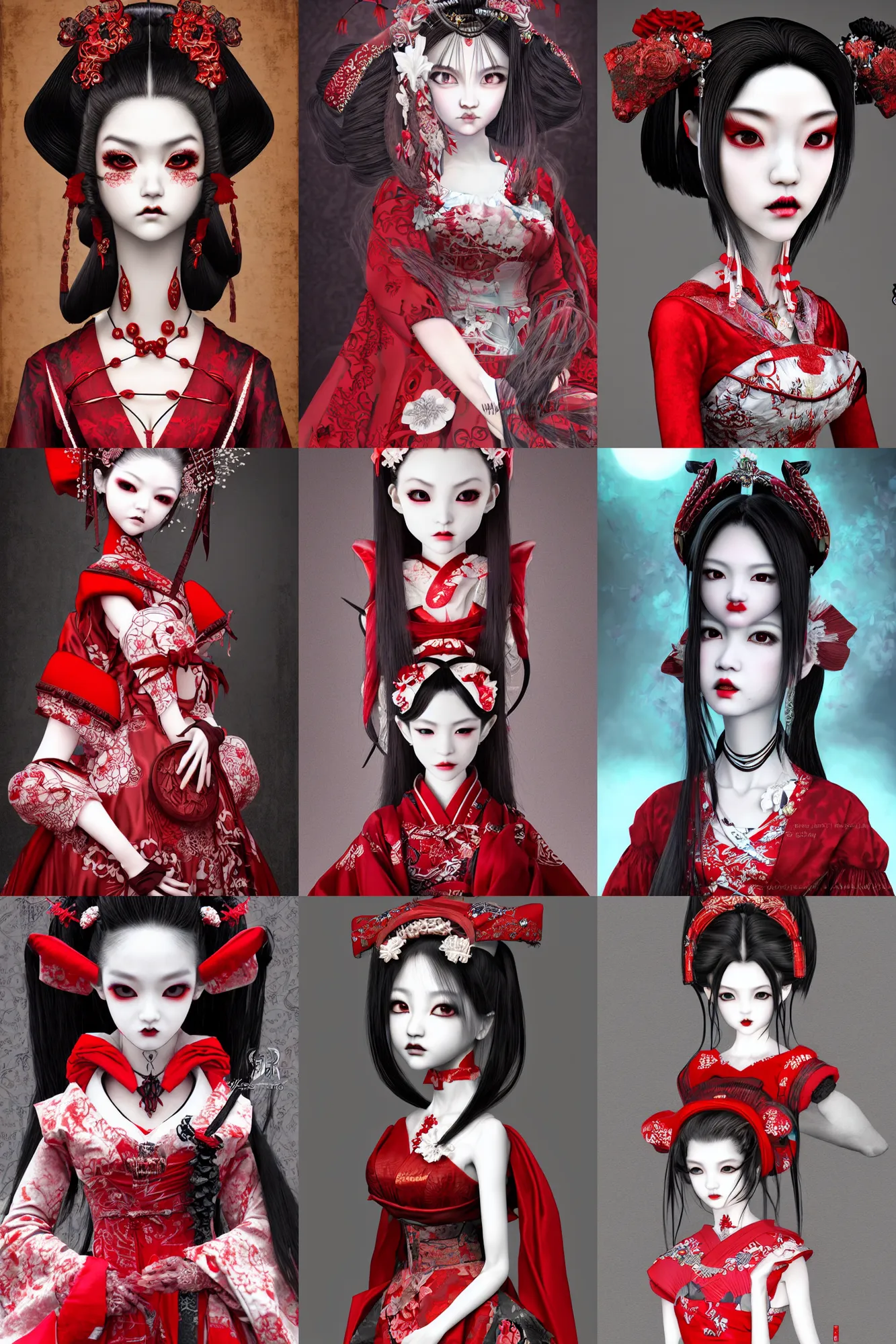 Prompt: photorealistic image of a japanese bjd geisha vampire queen with a long neck in a victorian lolita fashion red dress in the style of dark - fantasy in the style of nekro, dmt art, symmetrical vogue face portrait, intricate detail, artstation, cgsociety, artgerm, rococo