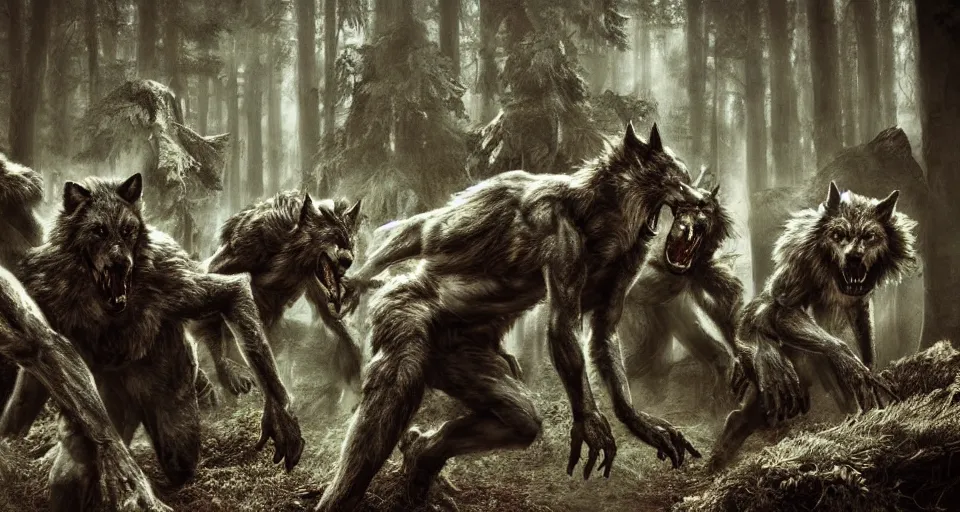 Image similar to an epic action photorealistic masterpiece of a pack of werewolves, in a forest made of nightmares, horrific digital art, extremely moody lighting, style of chippy