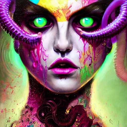 Image similar to art portrait of a furious girl with purple tentacles on her head and bright green eyes, 8k,by tristan eaton, Stanley Artgermm,Tom Bagshaw,Greg Rutkowski,Carne Griffiths,trending on DeviantArt, face enhance,hyper detailed ,full of colour,