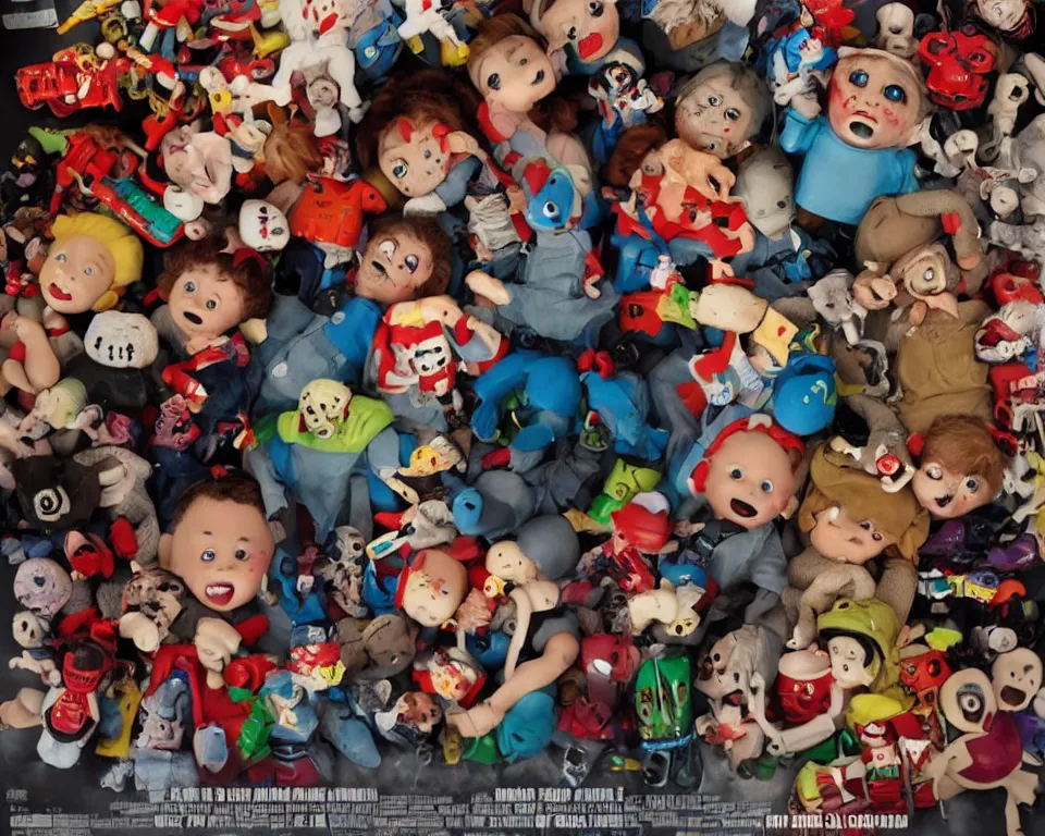 Image similar to a horror movie poster featuring children getting killed by toys