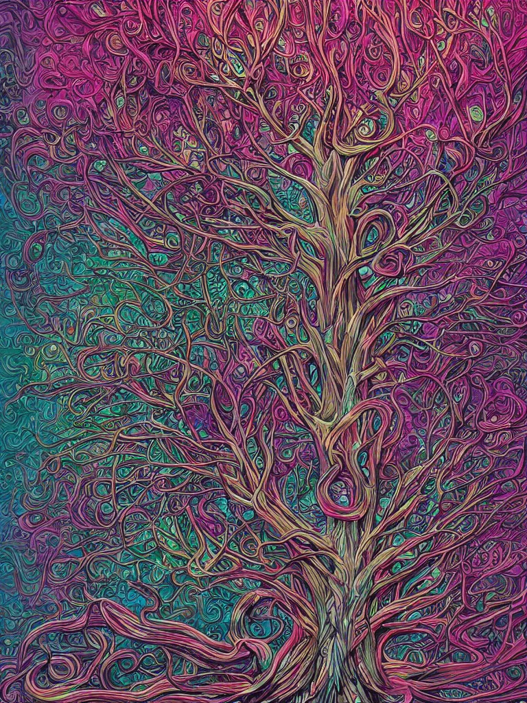 Prompt: android jones alex grey alex grey mark cooper artgerm artstation award winning photorealistic detailed hypervivid intense fantasy concept art, hypervivid intense mcbess, a tree by dan mumford