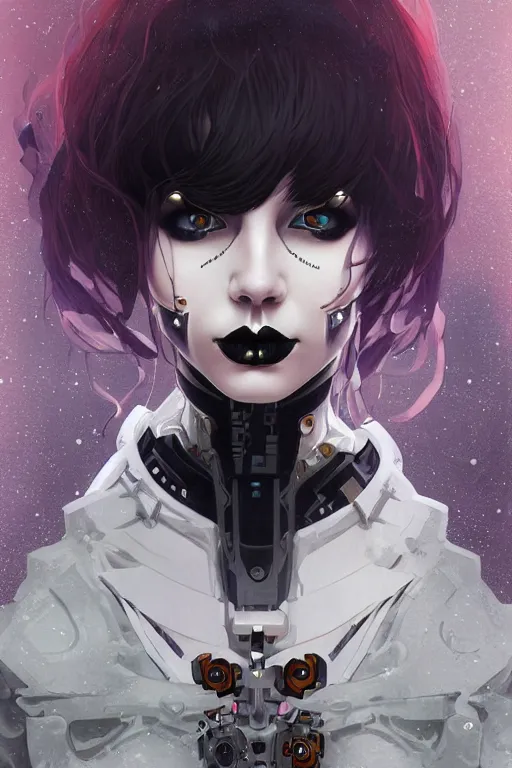 Prompt: portrait of beautiful young gothic cyborg anime maiden. cyberpunk, Warhammer, highly detailed, artstation, illustration, art by Ilya Kuvshinov and Gustav Klimt