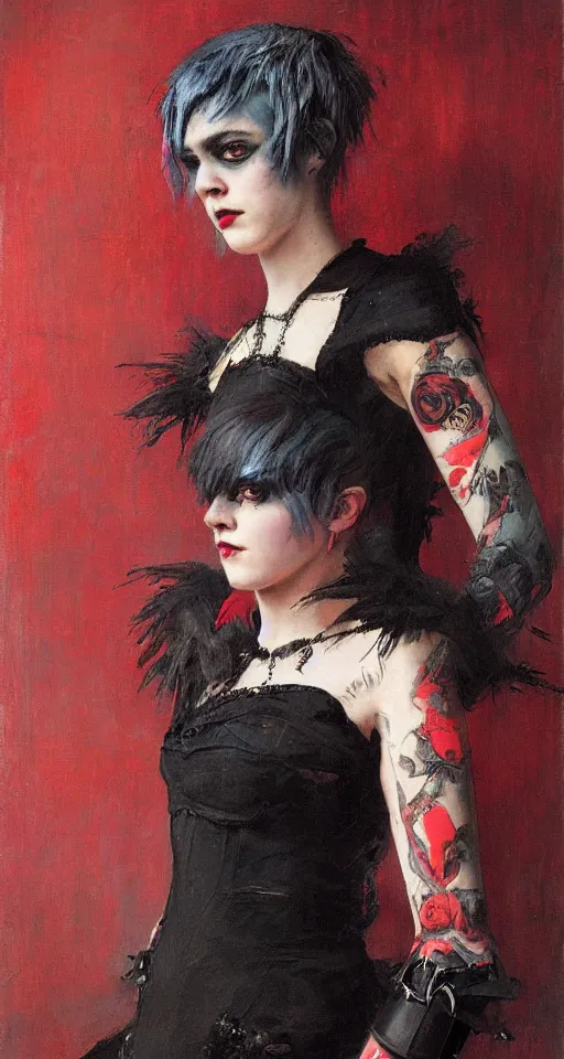 Image similar to Solomon Joseph Solomon and Richard Schmid and Jeremy Lipking victorian genre painting portrait painting of a young beautiful woman punk rock goth with punk rock haircut in fantasy costume, red background