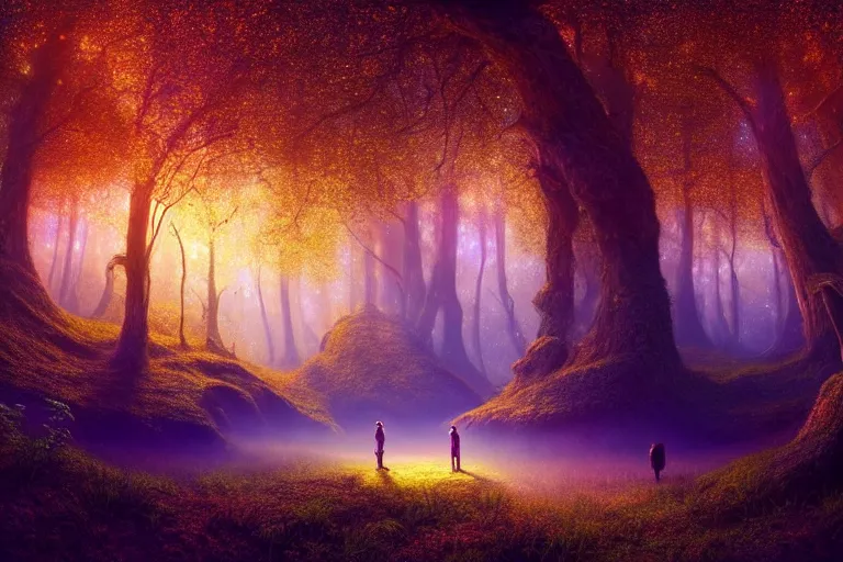 Image similar to vivid surreal landscape : : magic forest nature : : weta disney pixar movie still photo : : decadent highly - detailed digital painting, full length shot, golden, golden hour, galaxies, stars, light trails, ratio, octane render, artstation, smooth, sharp focus, artgerm, mucha, loish, wlop, gogo