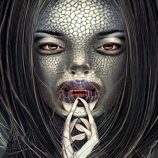 Image similar to x - ray portrait closeup of dark beautiful woman with snakes from her mouth, symmetrical, glitches, by yoichi hatakenaka, masamune shirow, josan gonzales and dan mumford, ayami kojima, takato yamamoto, barclay shaw, karol bak, yukito kishiro