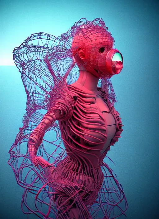 Prompt: hyper detailed 3d render like a sculpture - profile subsurface scattering (a beautiful fae princess m40 gas mask protective playful expressive from that looks like a borg queen wearing a vintage pannier ball gown) seen red carpet photoshoot in UVIVF posing in pool of turbulent water to breathe of the Strangling network of yellowcake aerochrome and milky clouds of Fruit and His delicate Hands hold of gossamer polyp blossoms bring iridescent fungal flowers whose spores black the foolish stars by Jacek Yerka, Ilya Kuvshinov, Mariusz Lewandowski, Houdini algorithmic generative render, golen ratio, Abstract brush strokes, Masterpiece, Victor Nizovtsev and James Gilleard, Zdzislaw Beksinski, Tom Whalen, Mark Ryden, Wolfgang Lettl, Grant Wood, octane render, 8k, maxwell render, siggraph