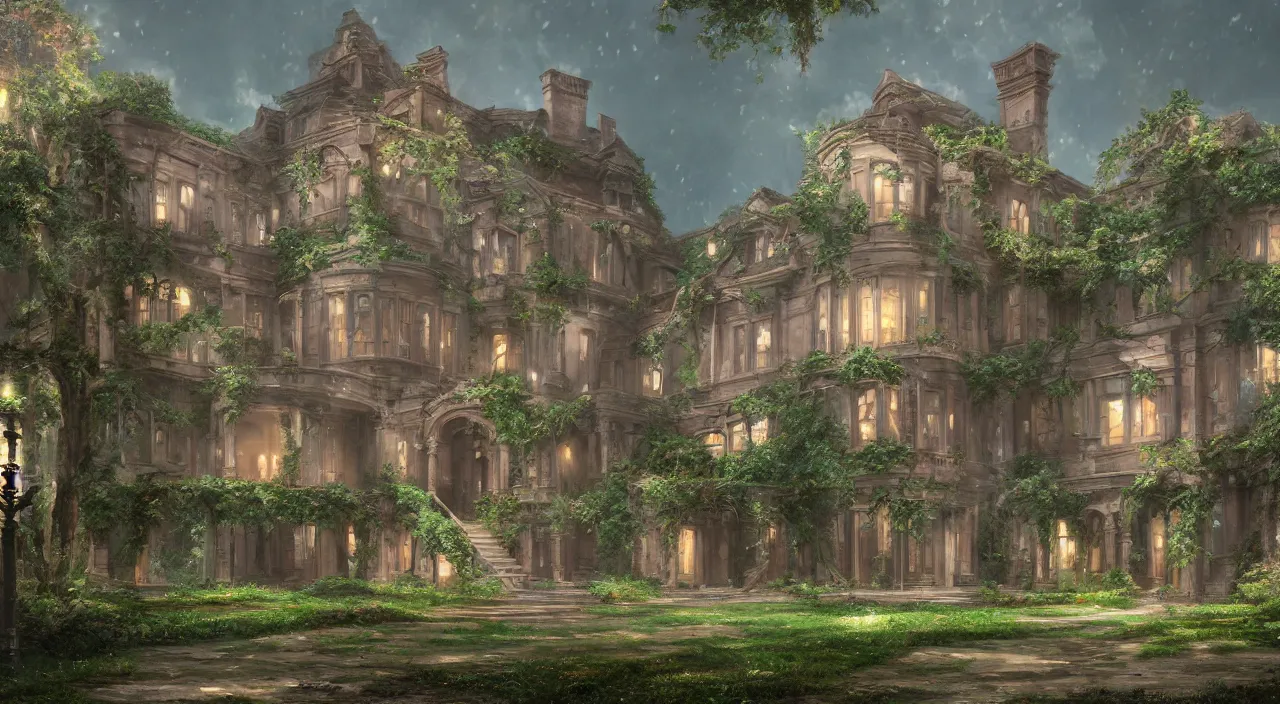 Prompt: Rendering of a scene abandoned dark luxury mansion full of ivy，by Makoto Shinkai and Thomas Kinkade, fantasy matte painting, trending on cgsociety and unreal engine，light effect，highly detailed，super wide angle,