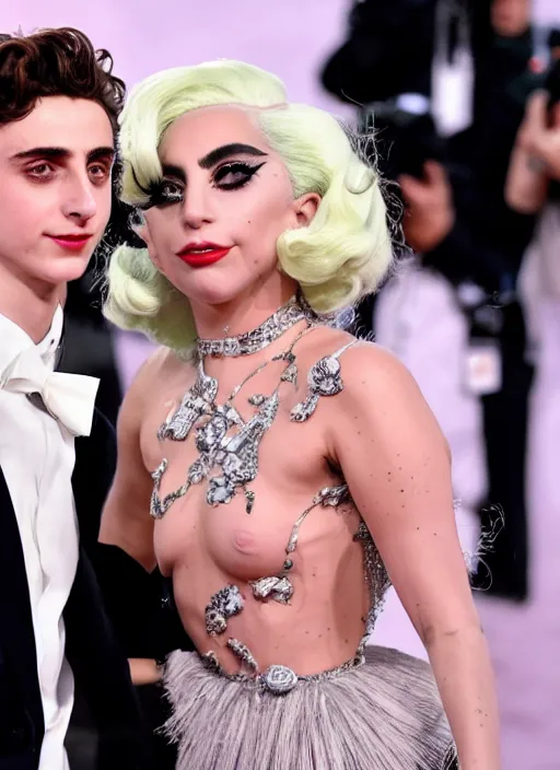 Image similar to timothee chalamet meets lady gaga, canon, highly realistic. high resolution. highly detailed 8 k. 4 k.