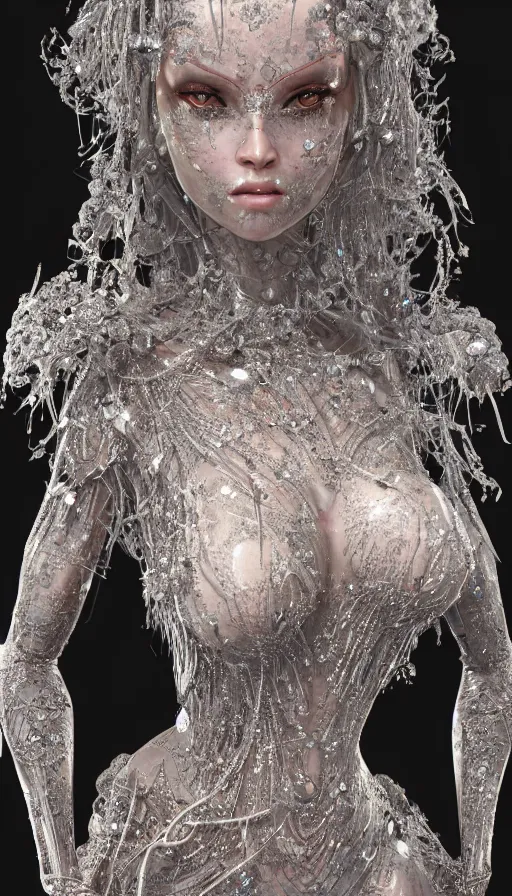 Image similar to full body detailed, ethereal, biomechanical, covered in diamonds and other gems glowing, highly detailed face, elegant posed, intricate, extremy detailed, beeple, cgsociety, 3 d unreal engine octane render. cinematic lighting, highly detailed 4 k art