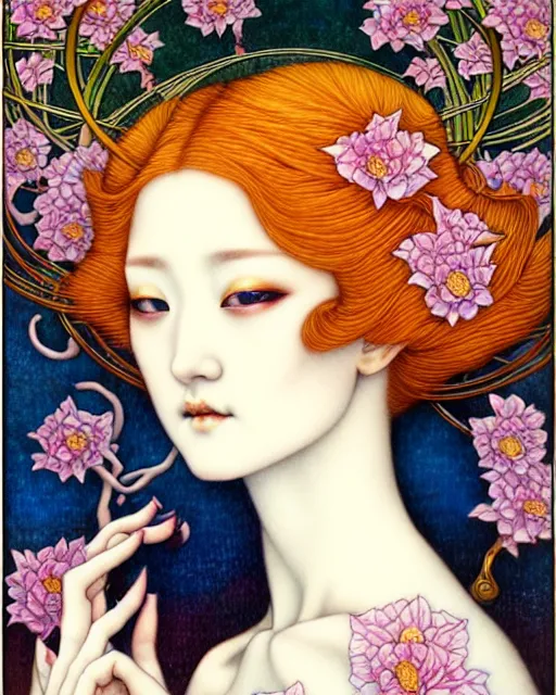 Prompt: beautiful and playful ethereal ginger portrait, art nouveau, fantasy, intricate japanese flower designs, elegant, highly detailed, sharp focus, art by chie yoshii