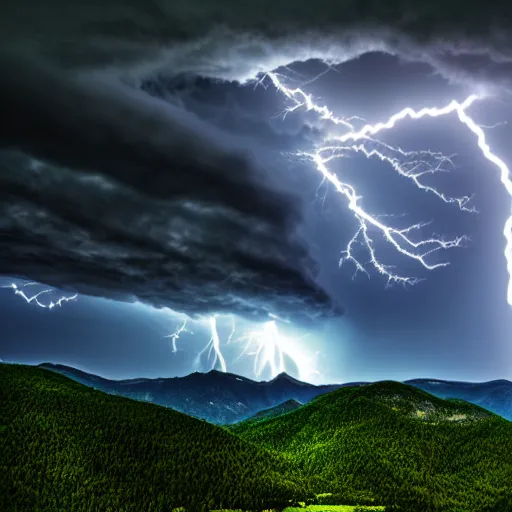 Prompt: the beautiful view of mountains while a thunderstorm strikes, photorealistic