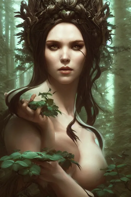 Image similar to goddess of the dark forest, highly detailed, digital painting, artstation, concept art, smooth, sharp focus, illustration, unreal engine 5, 8 k, art by artgerm and greg rutkowski and edgar maxence