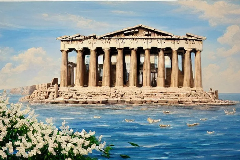 Prompt: a beautiful painting of there is a mysterious parthenon on the blue sea, full of holy white flowers