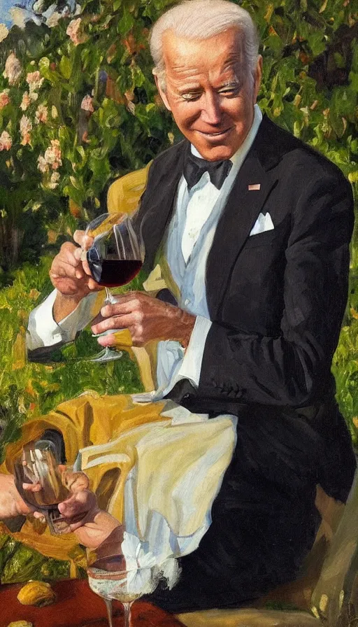 Prompt: still life painting of Joe Biden drinking wine in a garden by Peder Krøyer, golden hour, dramatic lighting, intricate detail, canvas print