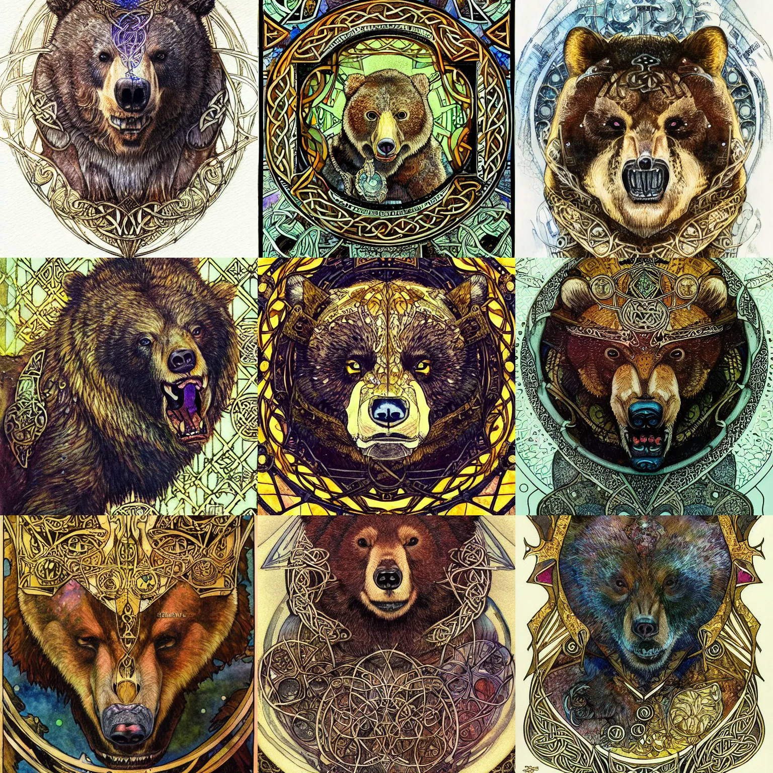 Prompt: portrait close - up of a growling angry bear, symetry, fantasy, intricate, marvel comics, celtic golden symbols, watercolor, stephanie pui - mun law, alfons mucha