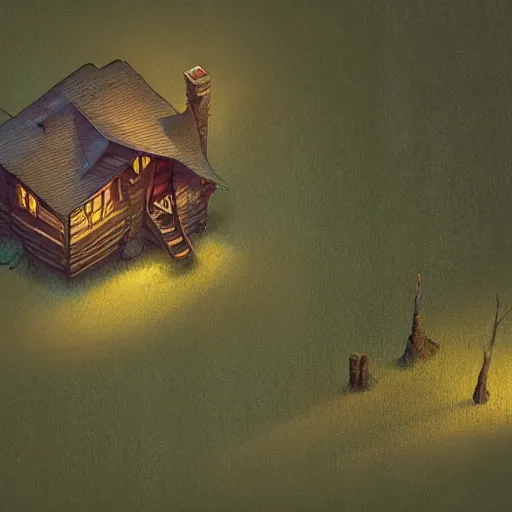 Prompt: concept art of a cabin in the woods, isometric view, detailed, volumetric lighting, style of greg rutkowski