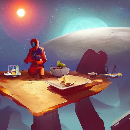 Prompt: interloper consuming food in no man's sky, fantasy art