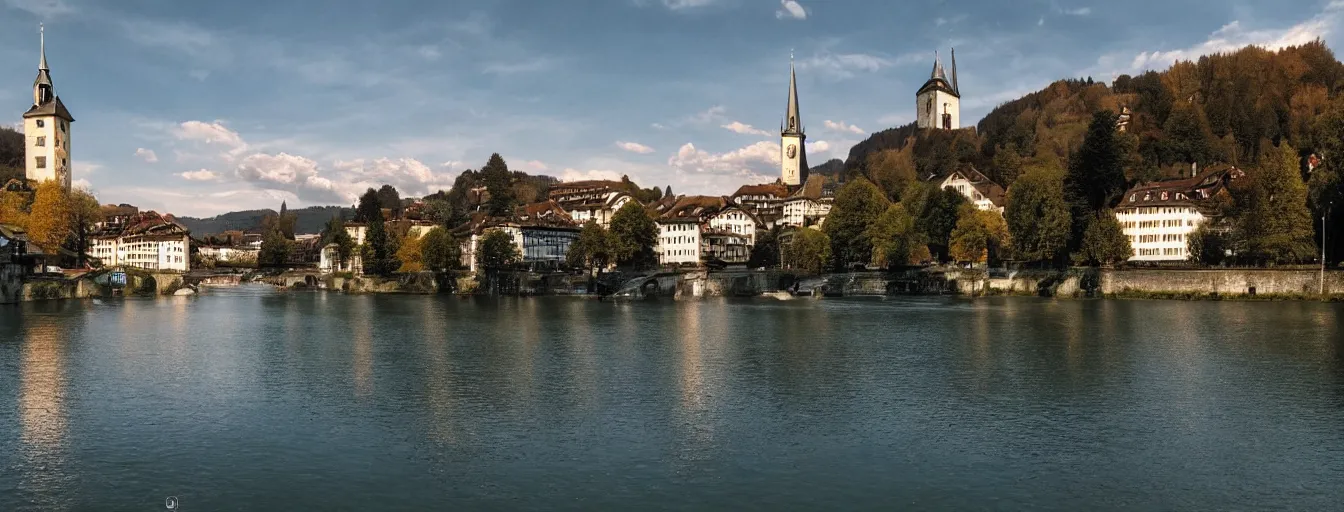 Prompt: Photo of Zurich, in the Alps, Limmat at the lake, Hardturm, Grossmünster, wide angle, volumetric light, hyperdetailed, light blue water, artstation, cgsociety, 8k