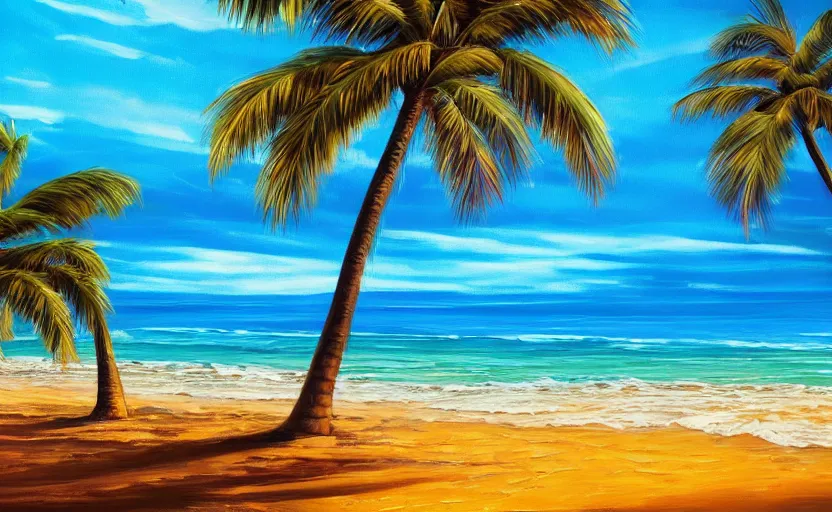 Prompt: A beautiful award winning painting of a tropical beach with palm trees and a wavy blue ocean trending on artstation vibrant color scheme lots detail 4k ultra HD at sunset