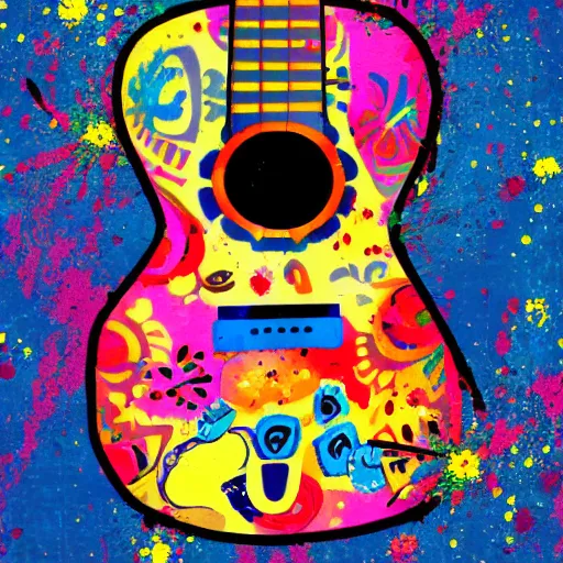 Prompt: calavera guitar, colorful, splatters, in japan style